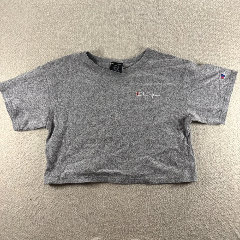 Champion Cropped T-Shirt Women Small Gray Excellent Embroidered Script WL956 XFS